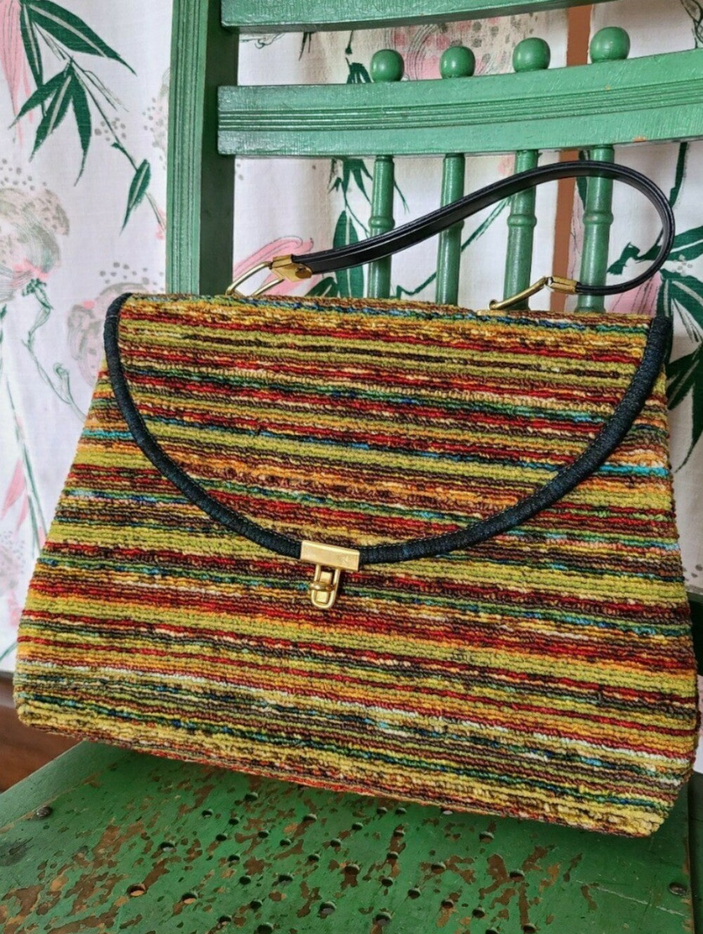 Vintage Large Multicolor Striped Top-Handle Women’s Carpet Bag